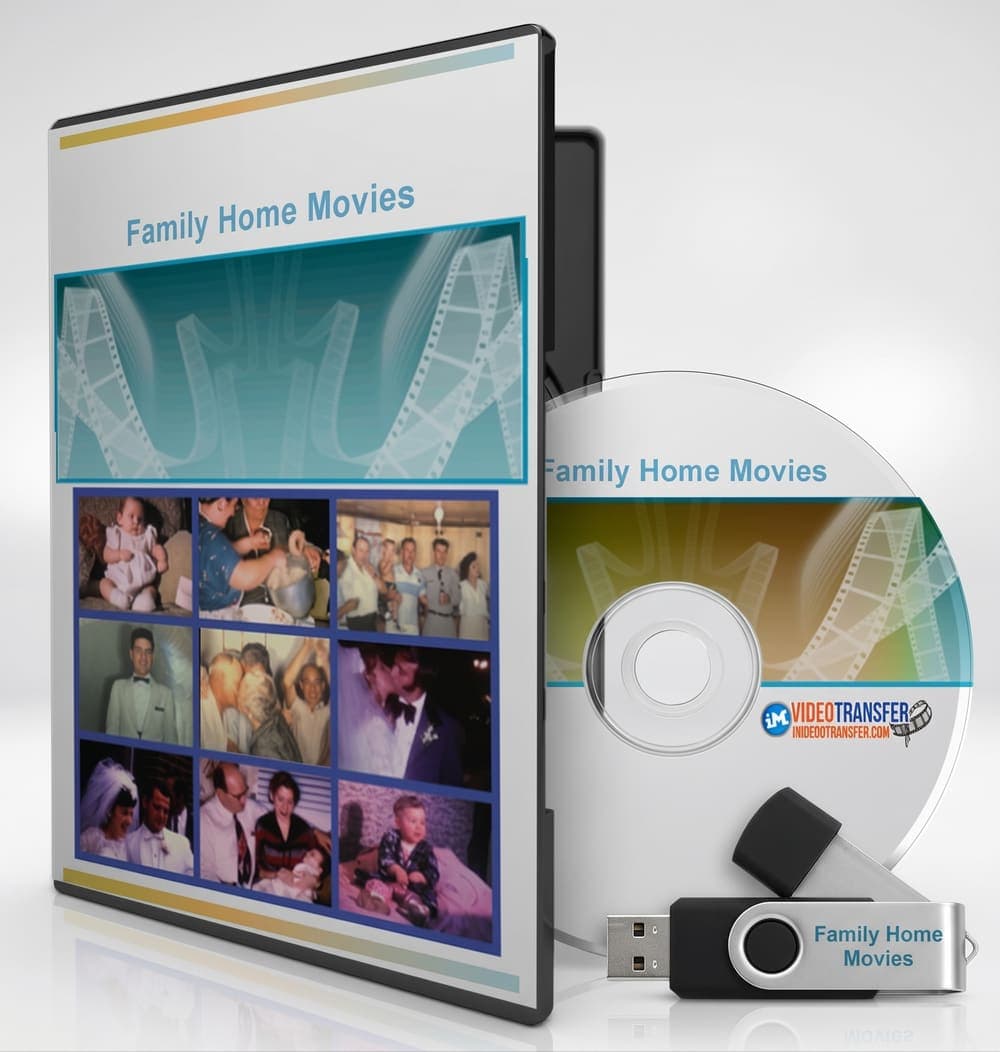 A Family Home Movies DVD in its case with the disc and a USB drive